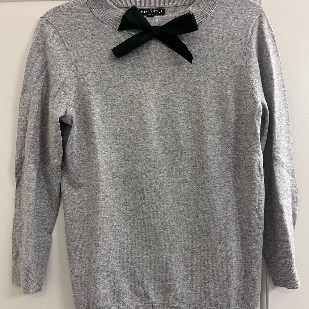 New JCrew Gray Sweater with Adorable Black Bow Detail